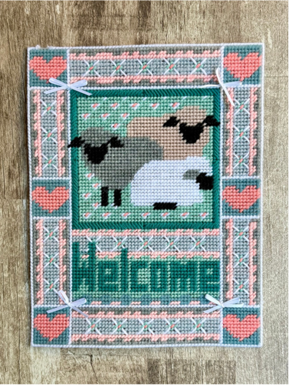 Vintage Plastic Canvas Needlepoint Sheep Welcome Sign Pink Hearts Bows Unframed